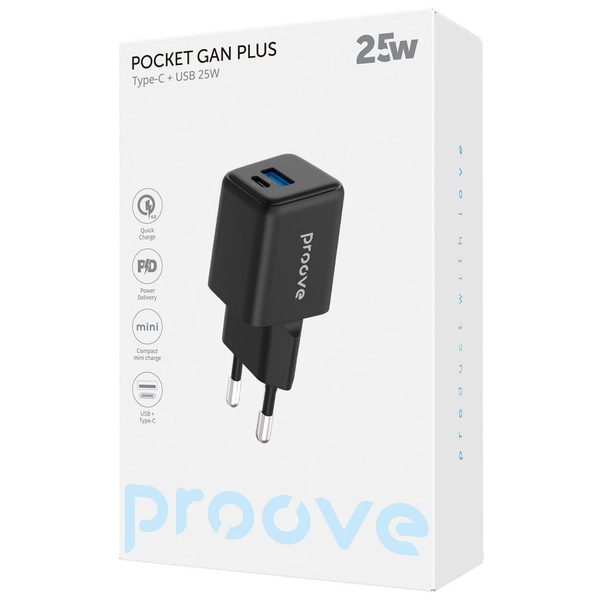 Мережевий зарядний пристрій Proove Pocket GaN Plus 25W (Type-C + USB) Black, зображення 2