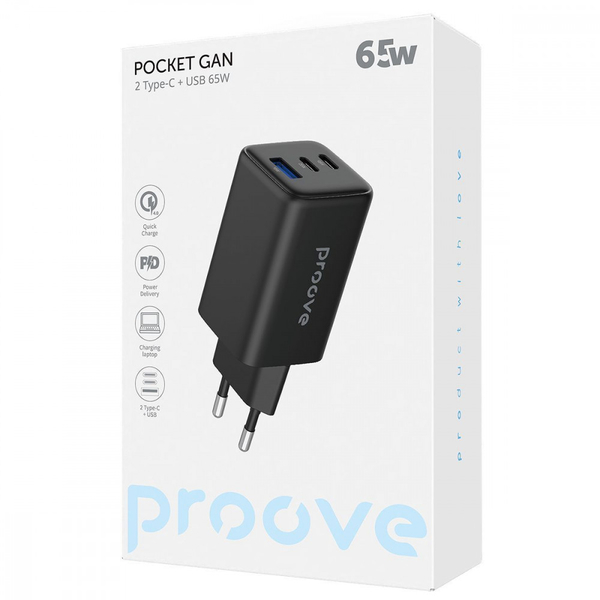 Мережевий зарядний пристрій Proove Pocket GaN 65W (2Type-C + USB) Black, изображение 2
