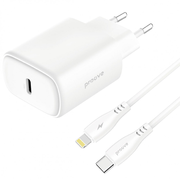 Мережевий зарядний пристрій Proove Silicone Power 2 20W (Type-C) + Cable Type-C to Lightning (1m) White