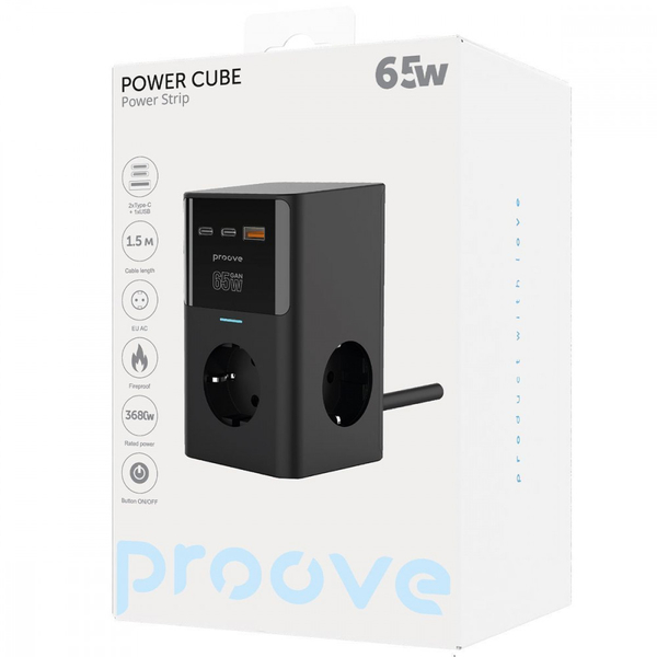 Мережевий фільтр Proove Power Cube 65W (3xAC + 2xType-C + 1xUSB) 1.5m Black, зображення 2