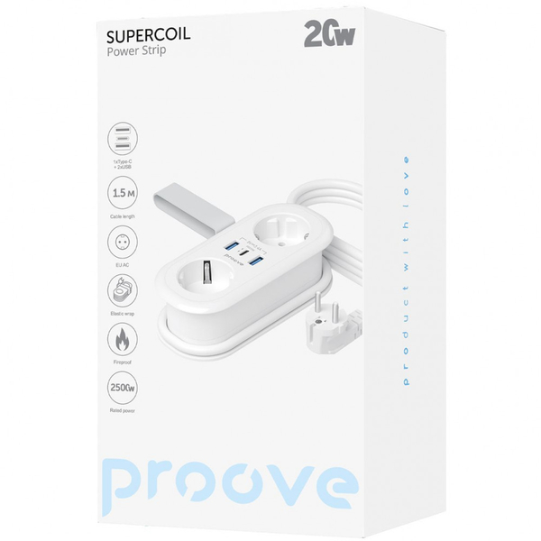 Мережевий фільтр Proove Supercoil 20W (2xAC + Type-C + 2xSB) 1.5m White, изображение 2