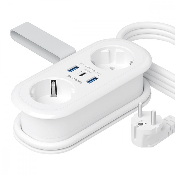 Мережевий фільтр Proove Supercoil 20W (2xAC + Type-C + 2xSB) 1.5m White