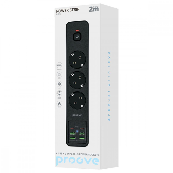 Мережевий фільтр Proove Power Strip P-03 (3 розетки + 4 USB + 2 Type-C) 2М Black, изображение 2