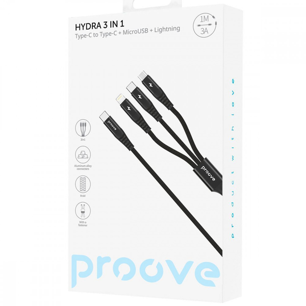 Кабель Proove Hydra 3 in1 Type-C + Micro USB + Lightning (1m) Black, зображення 2