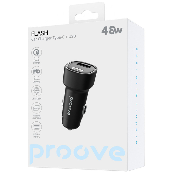Автомобільний зарядний пристрій Proove Flash 48W (Type-C + USB) Black, изображение 2