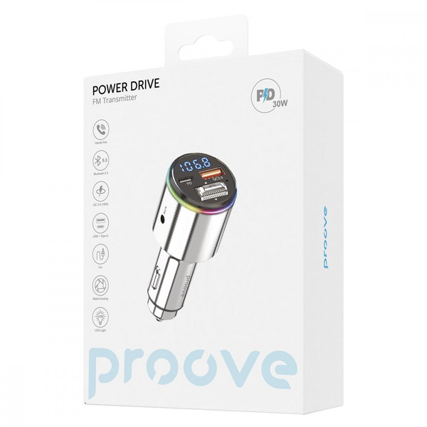 Автомобільний зарядний пристрій Proove FM Launcher Power Drive 30W (PD+QC3.0) Type-C+USB+AUX Silver, изображение 2