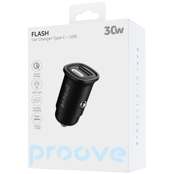 Автомобільний зарядний пристрій Proove Flash 30W (Type-C + USB) Black, зображення 2