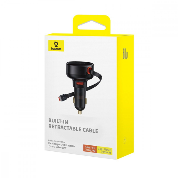 Автомобільний зарядний пристрій Baseus Enjoyment Pro Car Charger USB + Retractable Type-C Cable 60W Black, изображение 2