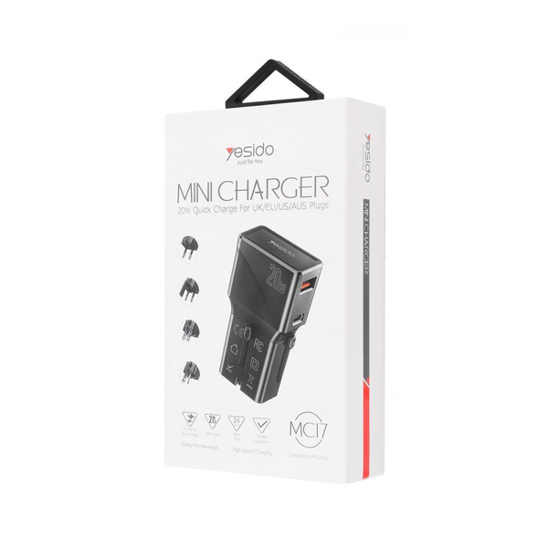 Адаптер живлення Travel Adapter Yesido MC17 Type-C 20W (UK/EU/US/AUS) Black, изображение 2