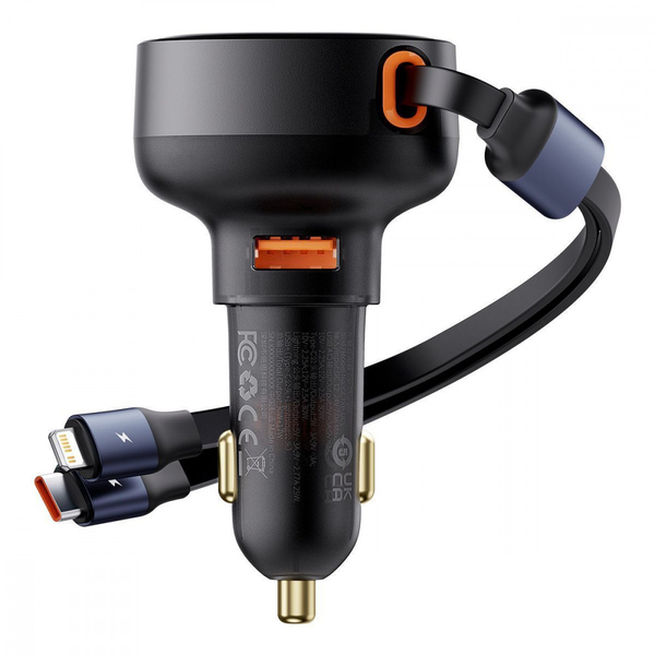 Автомобільний зарядний пристрій Baseus Enjoyment Pro Car Charger USB + Retractable C & iP Cable 60W Black, изображение 4