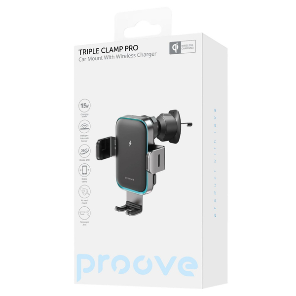Автомобільний тримач з бездротовою зарядкою Proove Triple Clamp Pro 15W Metal gray, зображення 2
