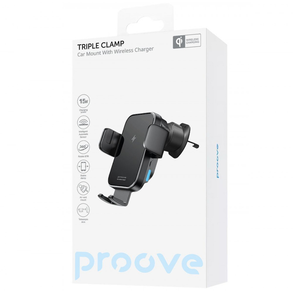 Автомобільний тримач з бездротовою зарядкою Proove Triple Clamp 15W Black, изображение 2