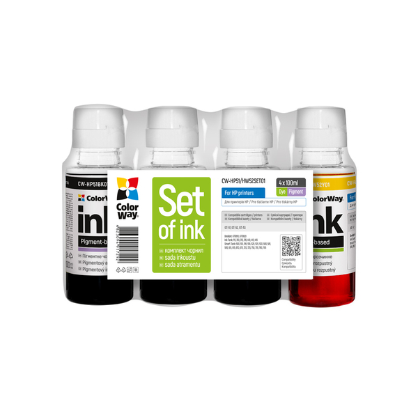 Комплект чорнил ColorWay до HP HP51/HW52 BK/C/M/Y Dye-based 4 x 100 ml (CW-HP51/HW52SET01)