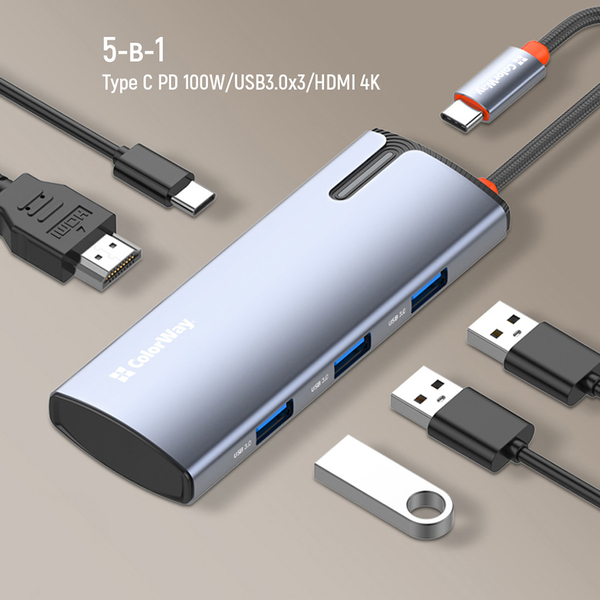 USB хаб (док-станція) СolorWay USB-C 5-в-1 Type C PD 100W/USB3.0х3/HDMI 4К (CW-HUB01), изображение 10