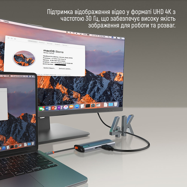 USB хаб (док-станція) СolorWay USB-C 5-в-1 Type C PD 100W/USB3.0х3/HDMI 4К (CW-HUB01), изображение 11