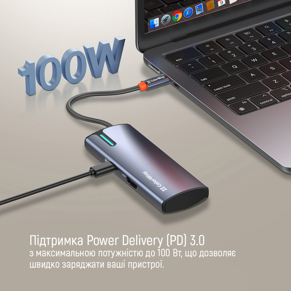 USB хаб (док-станція) СolorWay USB-C 5-в-1 Type C PD 100W/USB3.0х3/HDMI 4К (CW-HUB01), изображение 12