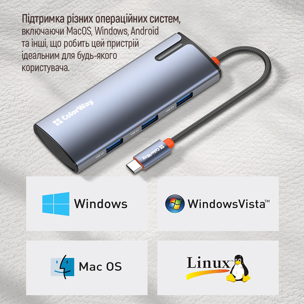 USB хаб (док-станція) СolorWay USB-C 5-в-1 Type C PD 100W/USB3.0х3/HDMI 4К (CW-HUB01), изображение 16