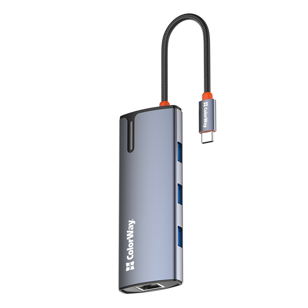 USB хаб (док-станція) СolorWay USB-C 6-в-1 Type C PD 100W/USB3.0х3/HDMI 4К/RJ45 (CW-HUB02), зображення 4