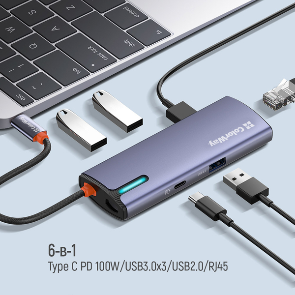 USB хаб (док-станція) СolorWay USB-C 6-в-1 Type C PD 100W/USB3.0х3/USB2.0/RJ45 (CW-HUB03), изображение 14