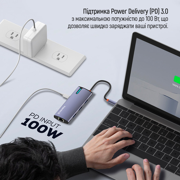 USB хаб (док-станція) СolorWay USB-C 6-в-1 Type C PD 100W/USB3.0х3/USB2.0/RJ45 (CW-HUB03), изображение 17
