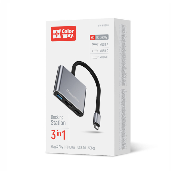 USB хаб (док-станція) СolorWay USB-C 3-в-1 Type C PD 100W/USB3.0/HDMI 4К (CW-HUB08)