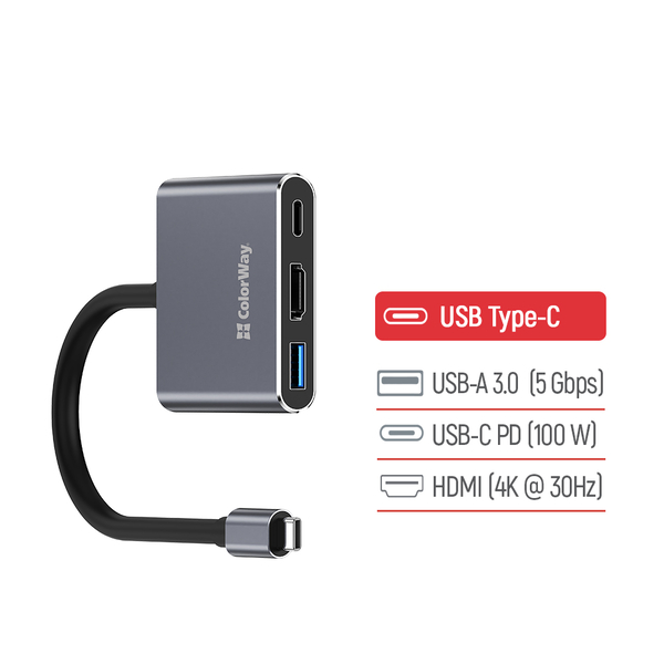 USB хаб (док-станція) СolorWay USB-C 3-в-1 Type C PD 100W/USB3.0/HDMI 4К (CW-HUB08), изображение 6