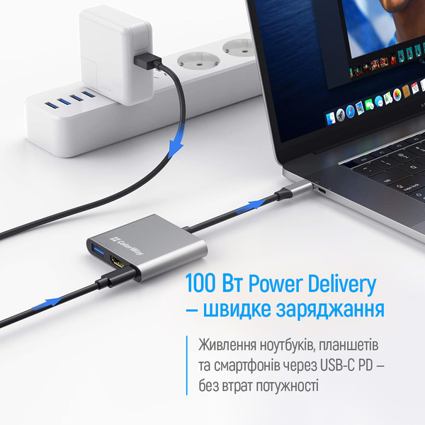 USB хаб (док-станція) СolorWay USB-C 3-в-1 Type C PD 100W/USB3.0/HDMI 4К (CW-HUB08), изображение 7