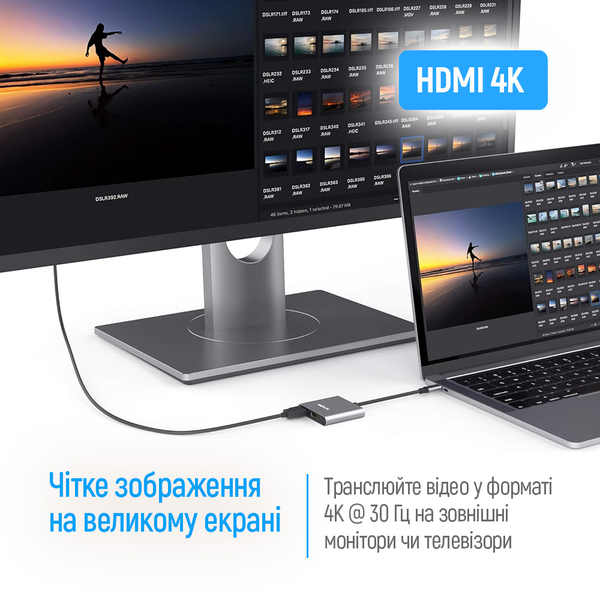 USB хаб (док-станція) СolorWay USB-C 3-в-1 Type C PD 100W/USB3.0/HDMI 4К (CW-HUB08), изображение 8