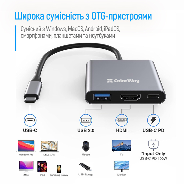 USB хаб (док-станція) СolorWay USB-C 3-в-1 Type C PD 100W/USB3.0/HDMI 4К (CW-HUB08), изображение 10