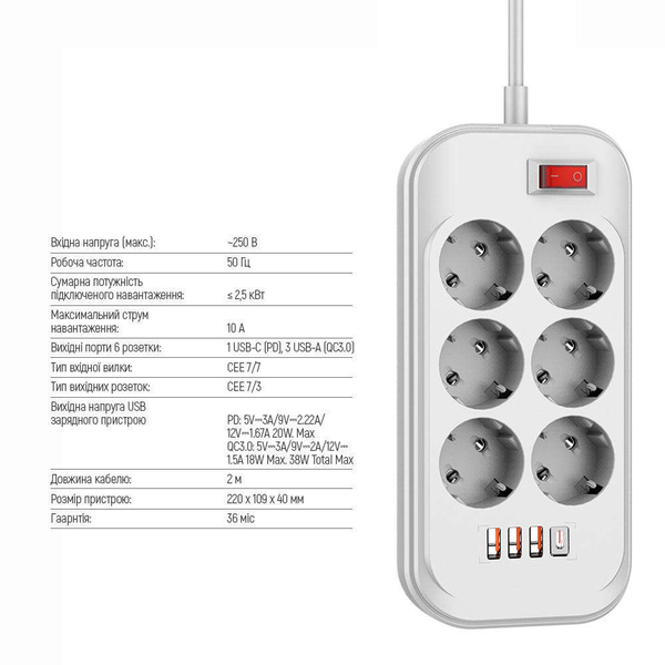 Мережевий фільтр-подовжувач СolorWay 6 розеток/4USB (Type-C PD20W + 3USB QC3.0) (38W) White 2M (CW-CHE64PDW), зображення 2