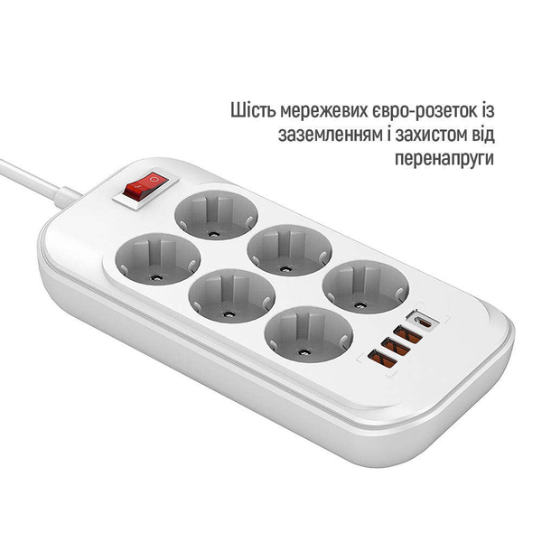 Мережевий фільтр-подовжувач СolorWay 6 розеток/4USB (Type-C PD20W + 3USB QC3.0) (38W) White 2M (CW-CHE64PDW), зображення 3