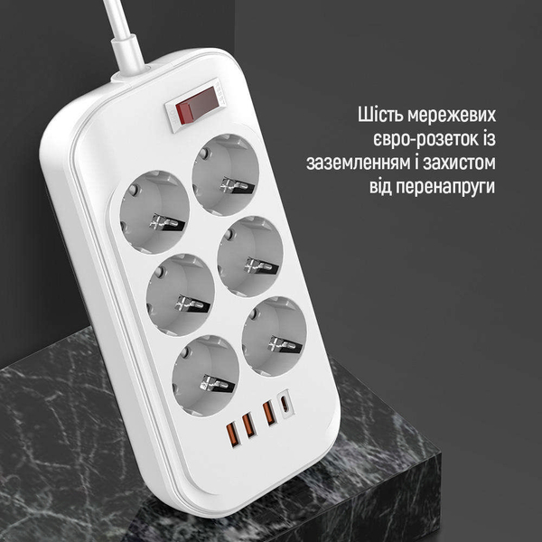 Мережевий фільтр-подовжувач СolorWay 6 розеток/4USB (Type-C PD20W + 3USB QC3.0) (38W) White 2M (CW-CHE64PDW), зображення 5