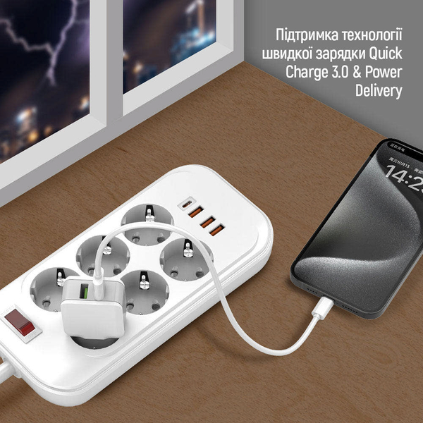 Мережевий фільтр-подовжувач СolorWay 6 розеток/4USB (Type-C PD20W + 3USB QC3.0) (38W) White 2M (CW-CHE64PDW), зображення 7