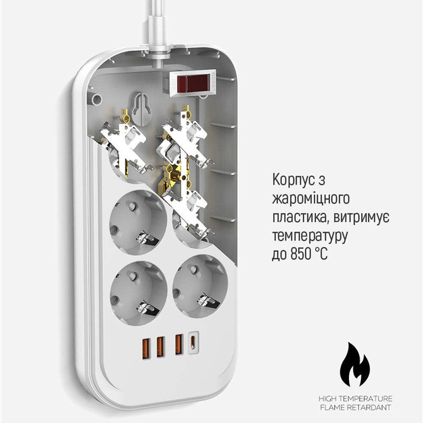 Мережевий фільтр-подовжувач СolorWay 6 розеток/4USB (Type-C PD20W + 3USB QC3.0) (38W) White 2M (CW-CHE64PDW), зображення 9