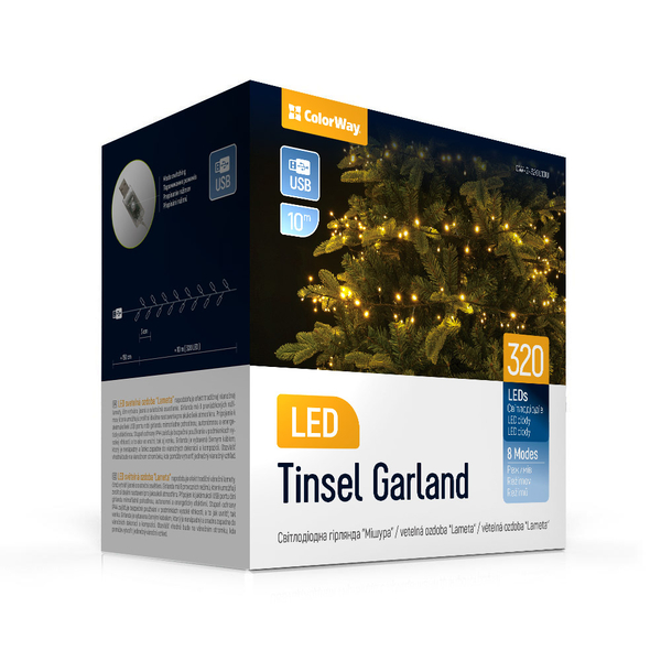 Світлодіодна гірлянда-мішура СolorWay LED 320 10м (8 функцій) теплий колір USB (CW-G-320L10U)