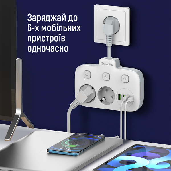 Мережевий фільтр-подовжувач СolorWay 2x220V/3xUSB-A/1xUSB-C (CW-CHE24PDW), зображення 16