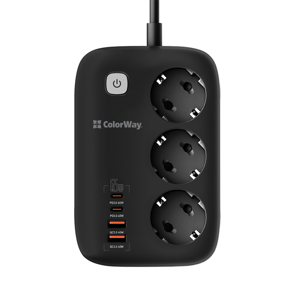 Мережевий фільтр-подовжувач СolorWay 3 розетки/4USB GaN3 Pro PD (2USB-A + 2 TYPE-C) (65W) 2M (CW-CHE34PDB), изображение 2