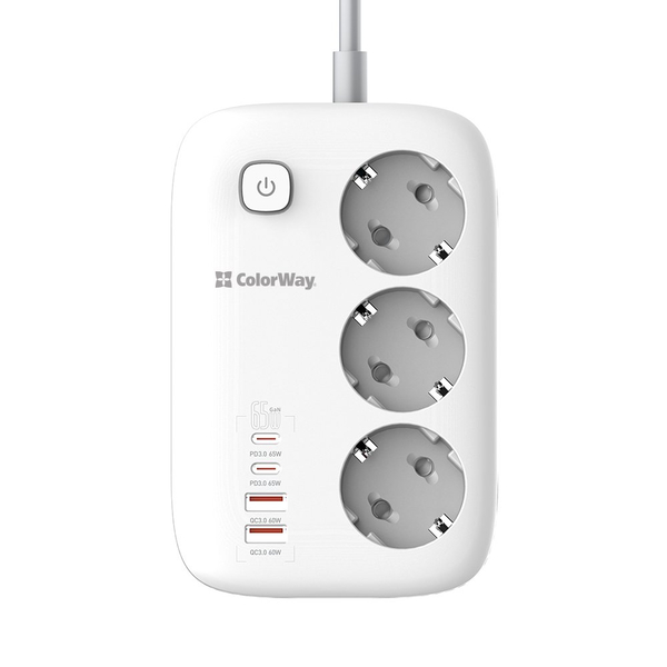 Мережевий фільтр-подовжувач СolorWay 3 розетки/4USB GaN3 Pro PD (2USB-A + 2 TYPE-C) (65W) 2M (CW-CHE34PDW), изображение 3