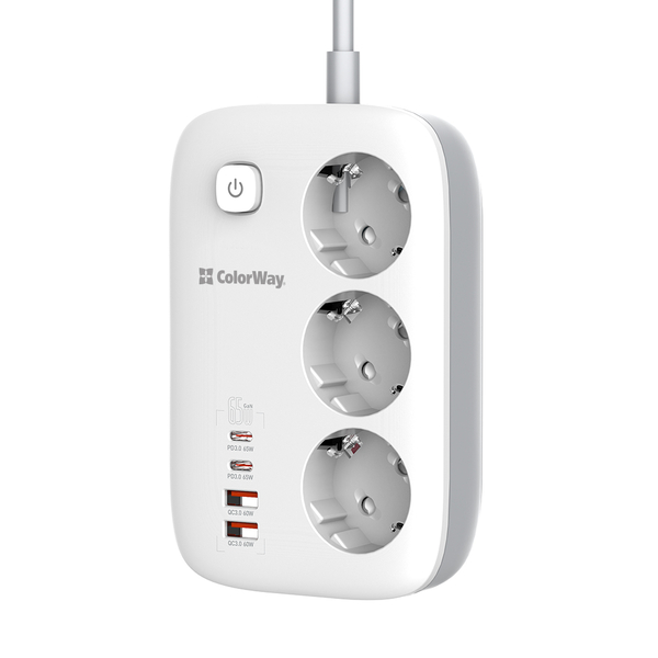 Мережевий фільтр-подовжувач СolorWay 3 розетки/4USB GaN3 Pro PD (2USB-A + 2 TYPE-C) (65W) 2M (CW-CHE34PDW), изображение 5