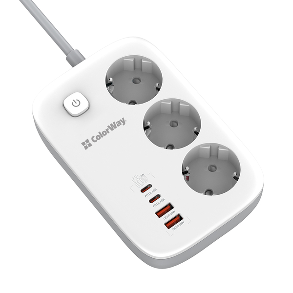Мережевий фільтр-подовжувач СolorWay 3 розетки/4USB GaN3 Pro PD (2USB-A + 2 TYPE-C) (65W) 2M (CW-CHE34PDW), изображение 6