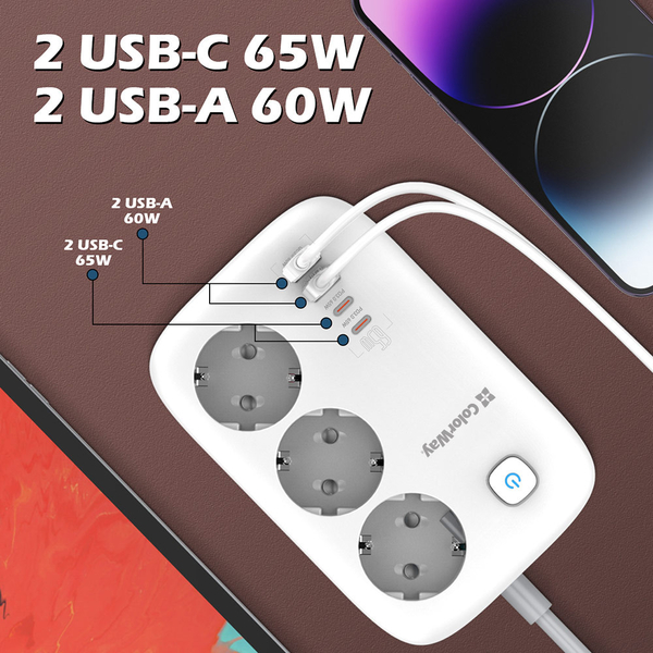 Мережевий фільтр-подовжувач СolorWay 3 розетки/4USB GaN3 Pro PD (2USB-A + 2 TYPE-C) (65W) 2M (CW-CHE34PDW), изображение 9