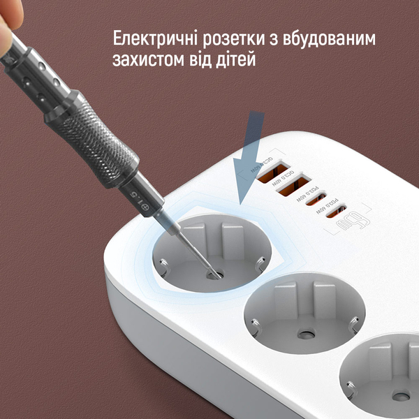 Мережевий фільтр-подовжувач СolorWay 3 розетки/4USB GaN3 Pro PD (2USB-A + 2 TYPE-C) (65W) 2M (CW-CHE34PDW), зображення 15