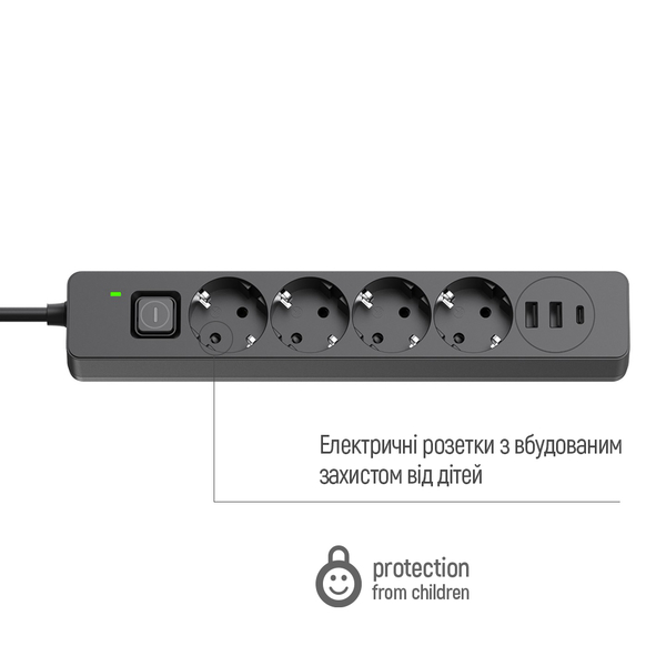 Мережевий фільтр-подовжувач СolorWay 4 розетки/3USB (2USB-A + 1 TYPE-C) (24W) Black 5M (CW-CHE435PDB), зображення 11