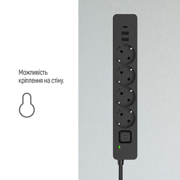 Мережевий фільтр-подовжувач СolorWay 4 розетки/3USB (2USB-A + 1 TYPE-C) (24W) Black 5M (CW-CHE435PDB), зображення 15
