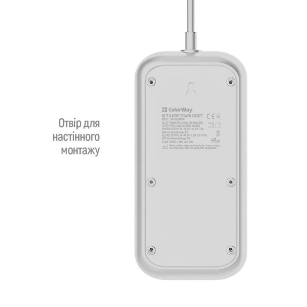 Мережевий фільтр-подовжувач СolorWay 6 розеток/4USB (Type-C PD20W + 3USB QC3.0) (38W) White 2M (CW-CHE64PDW), зображення 14