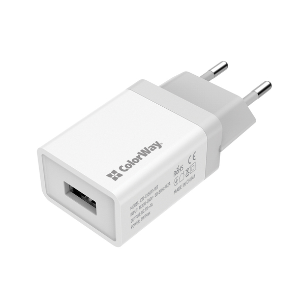 Мережевий зарядний пристрій ColorWay 1USB 1A білий (CW-CHS011-WT), зображення 2