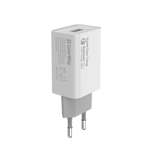 Мережевий зарядний пристрій ColorWay 1USB Huawei Super Charge/Quick Charge 3.0, 4A (20W) белое (CW-CHS014Q-WT), зображення 3