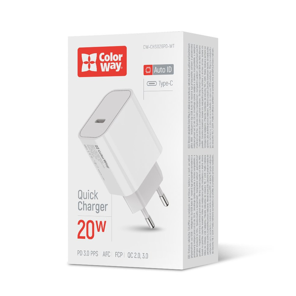 Мережевий зарядний пристрій ColorWay Power Delivery Port USB Type-C 20W V2 біле (CW-CHS026PD-WT)
