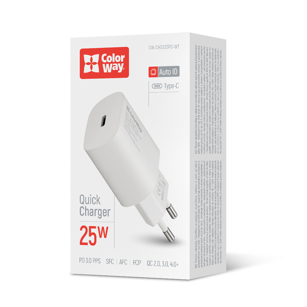 Мережевий зарядний пристрій ColorWay Power Delivery Port PPS USB Type-C (25W)  біле (CW-CHS033PD-WT)