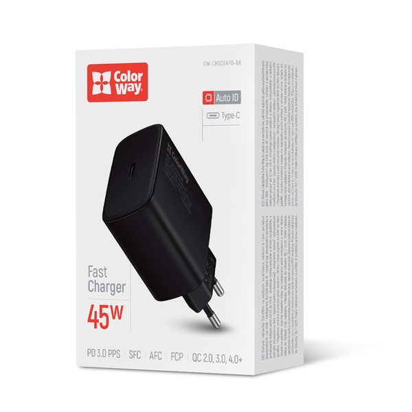 Мережевий зарядний пристрій ColorWay Power Delivery Port PPS USB Type-C (45W)  чорне (CW-CHS034PD-BK)